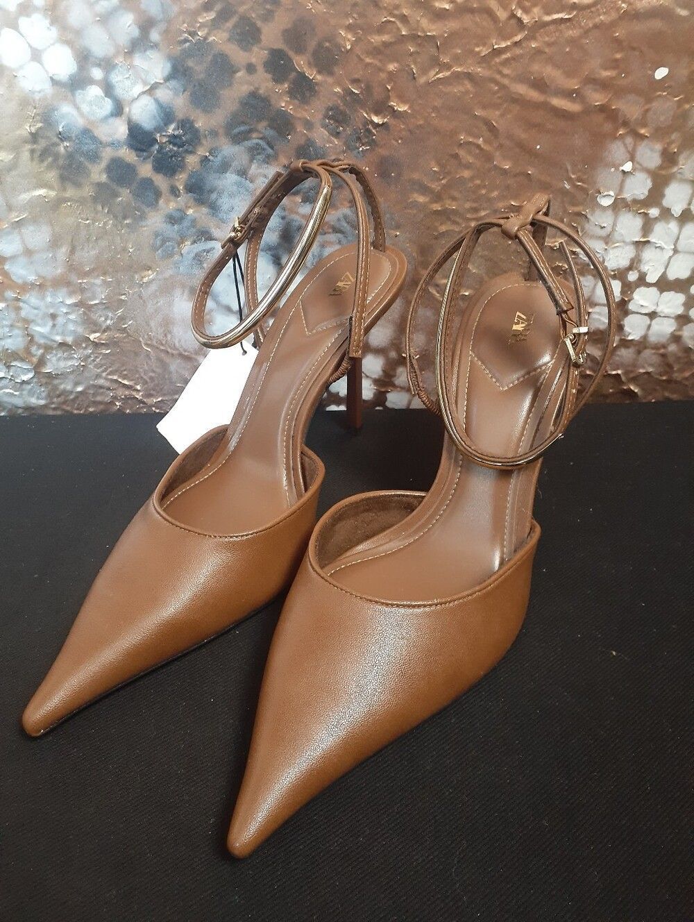 Zara Nwt Latte Brown Pointed-Toe Stiletto Slingback Heels In Faux Leather - Picture 15 of 16